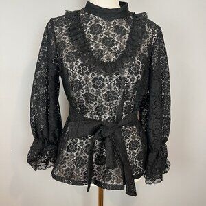 Vintage Black Lace Blouse Womens Size Small High Neck Long Sleeve Belted
